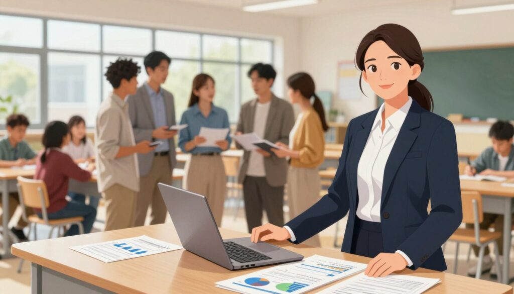 A professional and detailed illustration representing the key factors influencing school director salaries. In the foreground, a confident school director in business attire stands beside a large desk covered with financial documents, a laptop open displaying graphs and charts. In the middle ground, a group of diverse educators discusses, with attention to their collaborative planning, showcasing teamwork. In the background, a bright, modern school environment is visible through large windows, with students engaged in learning activities. The scene is well-lit with natural light, creating an optimistic atmosphere. The angle is slightly elevated, emphasizing the importance of the discussion. The image should evoke professionalism, collaboration, and academic success without any text or distractions.