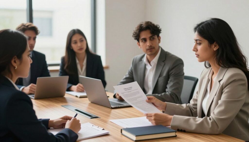 A professional and elegant office setting, featuring a diverse group of four individuals in smart business attire engaged in a discussion about legal qualifications and the role of internships in achieving professional credentials. In the foreground, a young woman of South Asian descent holds a legal document, with focused expressions on the faces of her colleagues. The middle ground showcases a large wooden conference table, laptops open, and books related to law scattered around. The background includes a large window with natural light flooding the room, casting soft shadows. The overall mood is one of collaboration and ambition, highlighting the importance of mentorship and practical experience in the legal field, with a warm, inviting color palette and a balanced composition. Soft focus on the background, sharper on the individuals.