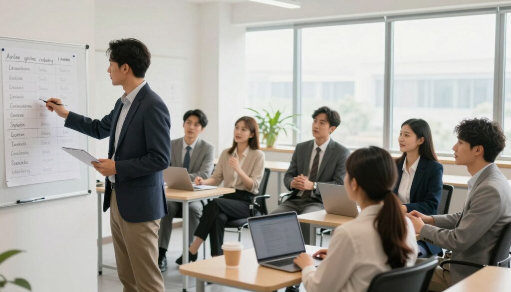 A professional and inviting workspace featuring a diverse group of aspirants dressed in smart business attire, engaged in a dynamic English language training session. In the foreground, a confident instructor points to a chart on the wall illustrating key vocabulary terms relevant to the airline industry. The middle ground captures enthusiasm as candidates practice speaking with one another, showcasing a supportive learning environment. In the background, the classroom is bright and airy, with large windows allowing natural light to illuminate the space. Soft shadows create a warm atmosphere, emphasizing collaboration and growth. The perspective is slightly angled, ensuring a clear view of all participants while maintaining a focus on the interactive learning dynamic.