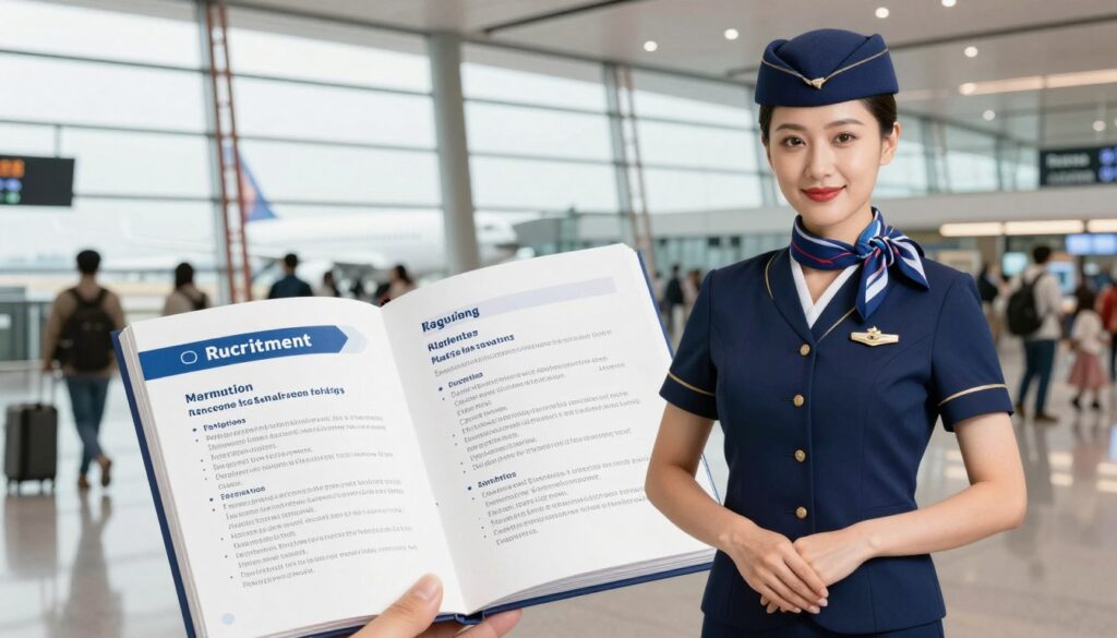 A professional and polished image depicting a female flight attendant standing confidently in an airport terminal. In the foreground, she is dressed in a neatly tailored navy blue uniform with a matching hat and scarf, exuding professionalism and approachability. In the middle ground, an open recruitment brochure displays bullet points outlining the requirements for aspiring flight attendants, such as height, language skills, and customer service experience. The background features a bustling airport scene with travelers and airplanes visible through large glass windows, bathed in natural daylight. The overall mood is one of aspiration and professionalism, symbolizing the opportunities in the aviation industry. The composition is well-balanced, focusing on the flight attendant while still providing context. The lighting enhances the sense of activity in the airport, creating an inviting atmosphere.
