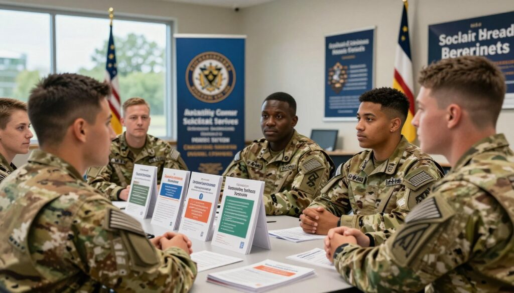 A professional army setting depicting social benefits and perks for soldiers. In the foreground, a diverse group of male and female soldiers in uniform, engaged in a discussion around a table stacked with informational brochures about social services like healthcare, housing allowances, and educational benefits. The middle ground features military insignia and motivational posters, creating a supportive atmosphere. In the background, a military building with flags and greenery, symbolizing stability and community. Soft, natural lighting coming through large windows enhances a hopeful and positive tone. The angle captures a sense of camaraderie and purpose, showcasing the environment where these important discussions take place.