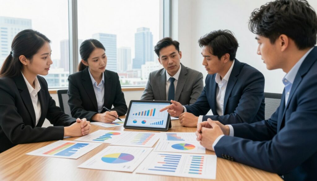 A professional business meeting scene depicting a diverse group of individuals analyzing market performance data. In the foreground, a sleek wooden conference table is scattered with colorful graphs and comparative charts, highlighting competitive analysis. In the middle, a diverse team of four individuals in professional business attire is engaged in discussion, with one pointing at a digital tablet displaying market results. The background features a large window showcasing a city skyline, allowing bright natural light to illuminate the room. The atmosphere conveys focus and collaboration, with a warm color palette to evoke a sense of professionalism and determination. The image should have a slightly elevated angle to provide a comprehensive view of both the participants and the data presented. A professional business meeting scene depicting a diverse group of individuals analyzing market performance data. In the foreground, a sleek wooden conference table is scattered with colorful graphs and comparative charts, highlighting competitive analysis. In the middle, a diverse team of four individuals in professional business attire is engaged in discussion, with one pointing at a digital tablet displaying market results. The background features a large window showcasing a city skyline, allowing bright natural light to illuminate the room. The atmosphere conveys focus and collaboration, with a warm color palette to evoke a sense of professionalism and determination. The image should have a slightly elevated angle to provide a comprehensive view of both the participants and the data presented.