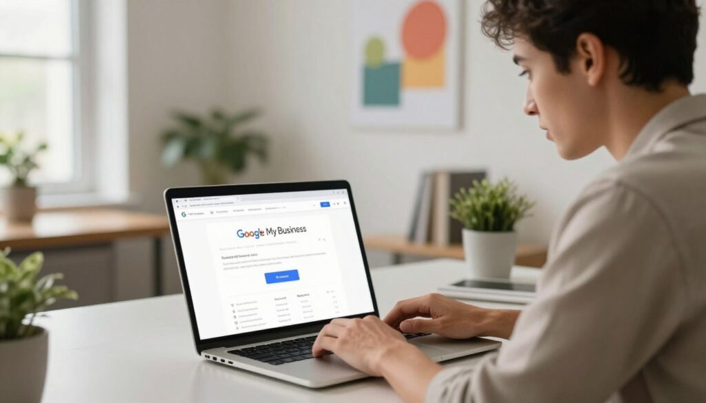 A professional business setting featuring a business owner in casual but neat attire, sitting at a modern desk with a laptop open, displaying the Google My Business interface. In the foreground, focus on the owner's determined expression while using the laptop to remove their company profile from Google. The middle ground showcases the laptop screen with a clear image of the Google My Business dashboard, where the removal process is being initiated. The background consists of a clean, organized office environment, with subtle plants and motivational posters, suggesting a professional yet comfortable atmosphere. The lighting is soft and warm, coming from a nearby window, creating an inviting and focused mood.