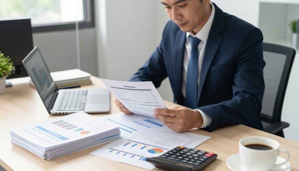 A professional business setting focusing on an office desk filled with financial documents, tax forms, and a laptop displaying graphs related to tax optimization. In the foreground, include a neatly organized pile of paperwork with colorful charts, a calculator, and a cup of coffee. The middle ground can feature a confident individual in business attire, thoughtfully analyzing the documents, perhaps leaning slightly forward, with a focused expression. The background should reveal a modern office space with large windows allowing natural light to illuminate the scene, casting soft shadows. The atmosphere conveys a sense of diligence and preparation, emphasizing the importance of selecting the optimal form of taxation for a new business.