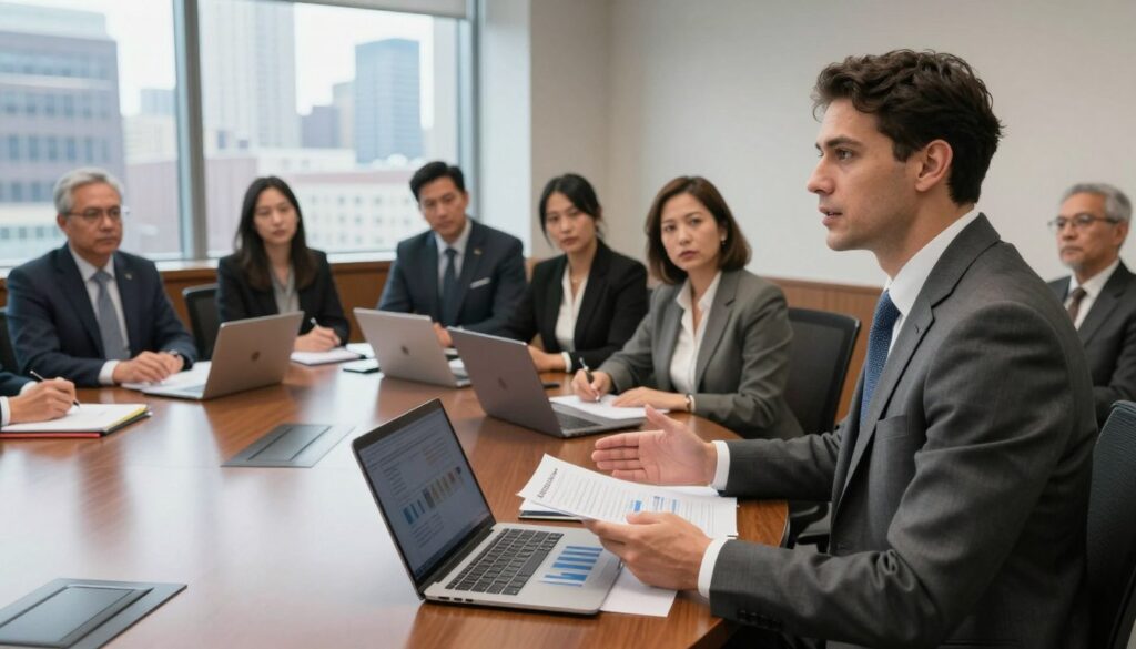 A professional city council meeting room filled with councilors discussing budget allocations. In the foreground, a confident councilor in a tailored business suit gestures while presenting financial documents on a sleek table. In the middle, a diverse group of councilors, both men and women, listen attentively, taking notes on their laptops and notepads. Behind them, a large window overlooks a city skyline, casting soft natural light into the room. The atmosphere is serious yet collaborative, emphasizing the importance of fiscal responsibilities. The focus is on the councilor's expression and the engaging dynamics of the meeting. The angle should be slightly elevated, showcasing the room's professionalism and the gravity of the discussion.