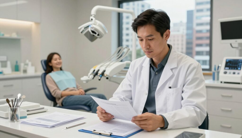 A professional dentist in smart casual attire stands confidently in the foreground, analyzing charts and paperwork on a sleek desk cluttered with dental tools and business reports. In the middle ground, a modern dental practice environment is visible, featuring state-of-the-art equipment and a cheerful patient waiting area. The background showcases an open window revealing a bustling cityscape, symbolizing the challenges of running a business amidst urban life. Soft, warm lighting enhances the atmosphere, creating a balance between professionalism and approachability. The image conveys a sense of contemplation and determination, embodying the challenges of entrepreneurship in the dental field, while maintaining a clean and modern aesthetic with no text or distractions.