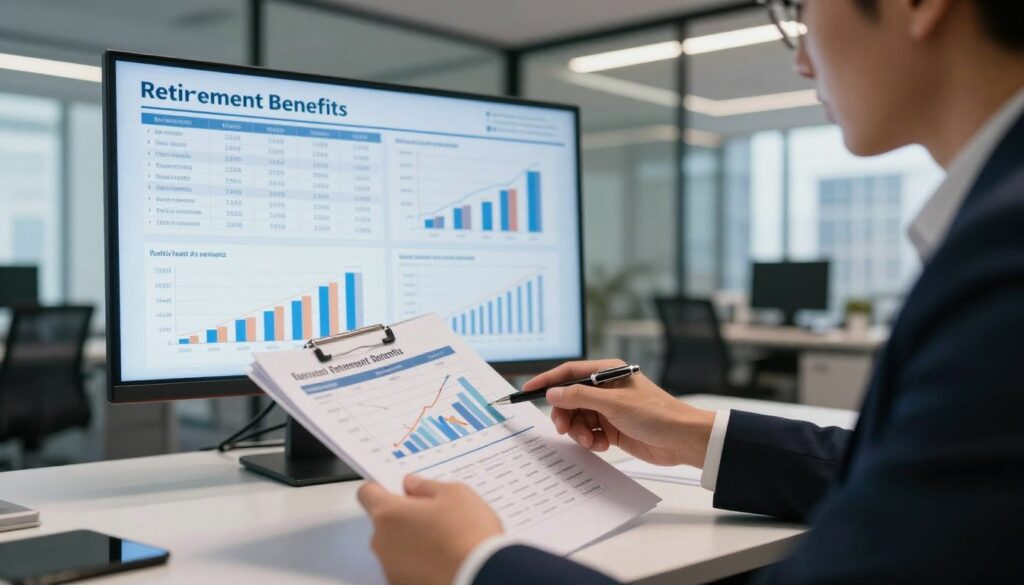 A professional financial advisor sits at a desk, reviewing a detailed financial chart illustrating various factors affecting retirement benefits, such as years of service and salary history. In the foreground, the advisor, wearing business attire, confidently points to the chart, emphasizing important features with a pen. The middle ground shows charts and graphs displayed on a large digital screen, brightly lit to highlight key statistics. In the background, a sleek modern office with glass walls and a cityscape visible through the windows adds depth to the scene. The lighting is warm and inviting, creating a professional yet approachable atmosphere, perfect for an informative discussion on retirement benefits. The angle captures the advisor and the screen clearly, focusing on the dynamic interaction between them.