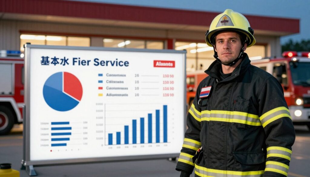 A professional firefighter in uniform stands proudly in the foreground, showcasing their determination and dedication. The middle ground features a detailed infographic display with elements representing the structure of basic salaries in the State Fire Service, such as pie charts and bar graphs, clearly visualizing different salary components and allowances. In the background, a modern fire station is visible, with fire trucks and equipment, illuminated by warm, ambient lighting that conveys a sense of safety and community service. The overall mood is inspiring and informative, capturing the essence of the firefighting profession while emphasizing the financial aspects of the role. The image should be sharp and well-composed, emphasizing clarity and professionalism without any text or distractions.