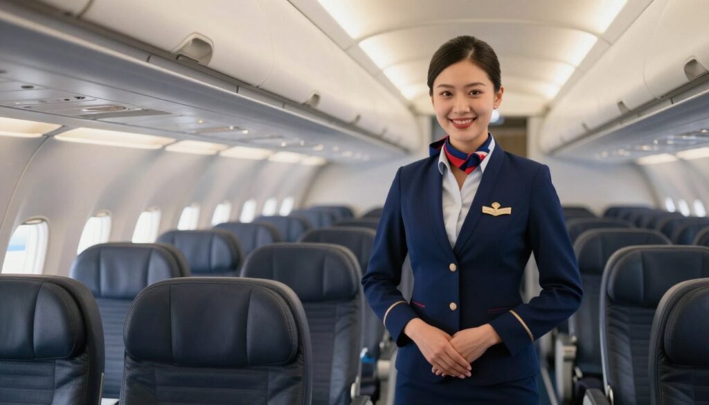 A professional flight attendant in a sleek, navy blue uniform stands confidently in the foreground of an airplane cabin, showcasing a welcoming smile. The middle ground features rows of passenger seats, neatly arranged and lit with soft, ambient lighting that creates a warm, inviting atmosphere. In the background, large windows reveal a bright blue sky with fluffy white clouds, emphasizing the height and spaciousness of the aircraft. The scene captures the essence of air travel and the dedication of cabin crew members. The lighting highlights the details of the uniform and the polished surfaces within the cabin, while a subtle depth of field creates a focused view on the flight attendant. The overall mood is professional yet approachable, inviting the viewer into the world of airline service and highlighting the essence of stewardess salaries.