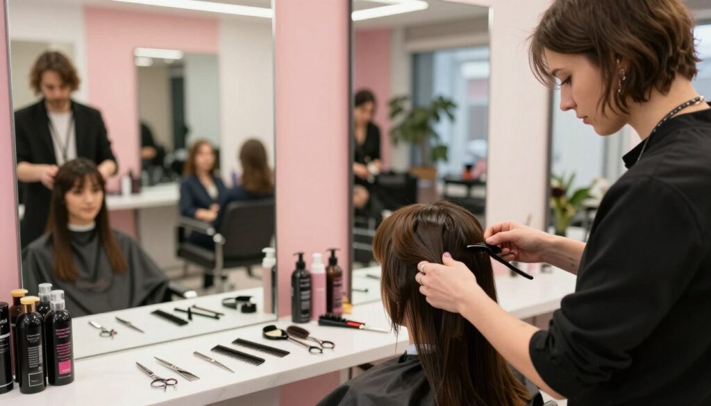 A professional hairdresser in a modern salon setting in Poland, showcasing a focus on their work and earnings. In the foreground, a skilled hairdresser, dressed in smart business attire, is styling a client’s hair with precision and care. The middle of the image features various hairdressing tools, such as scissors, combs, and hair products neatly arranged on a stylish workstation. In the background, the salon is vibrant and contemporary, with mirrors, lighting fixtures, and a few satisfied customers waiting. Soft, natural lighting enhances the atmosphere, creating a welcoming and professional feel. The angle captures the interaction between the hairdresser and the client, highlighting the expertise and dedication found within the hairdressing profession in Poland.