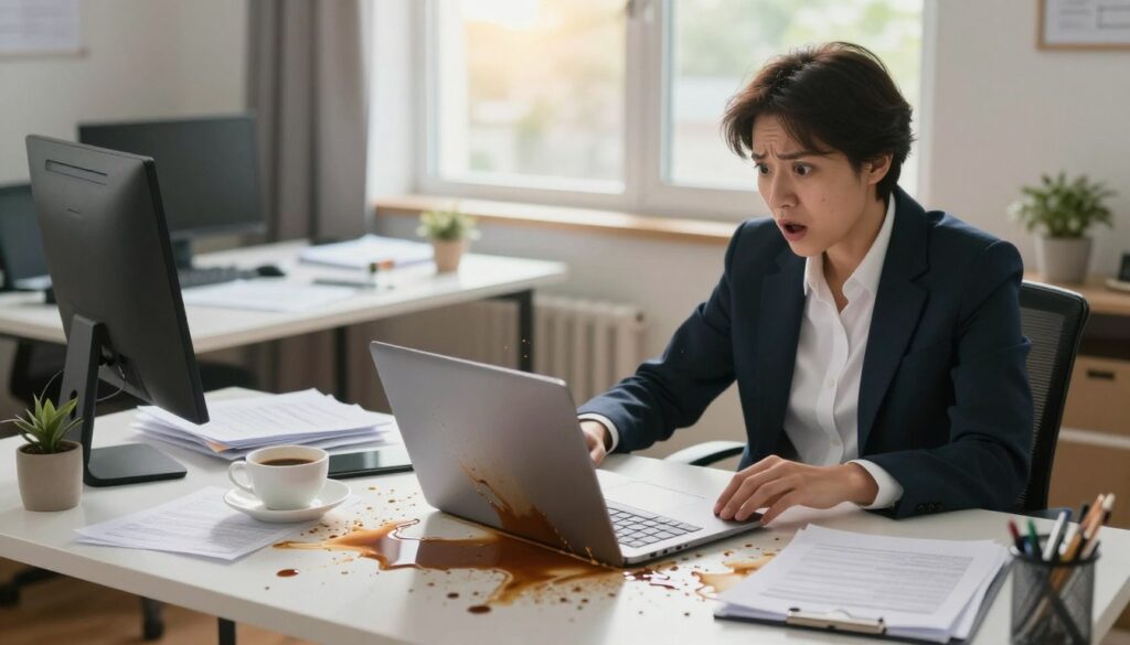 A professional home office scene depicting a workplace accident. In the foreground, a person in business attire, looking surprised and concerned, is sitting at their desk where a coffee spill has occurred, causing a laptop to be partially covered. In the middle ground, a cluttered desk with papers and office supplies scattered about, suggesting chaos from the accident. In the background, a window showing a sunny day outside, illuminated by soft natural light, creating a warm and open atmosphere. The overall mood is one of urgency and concern, emphasizing the importance of addressing workplace accidents even in remote settings. The angle should be slightly elevated to capture both the desk area and the window, enhancing the sense of space.