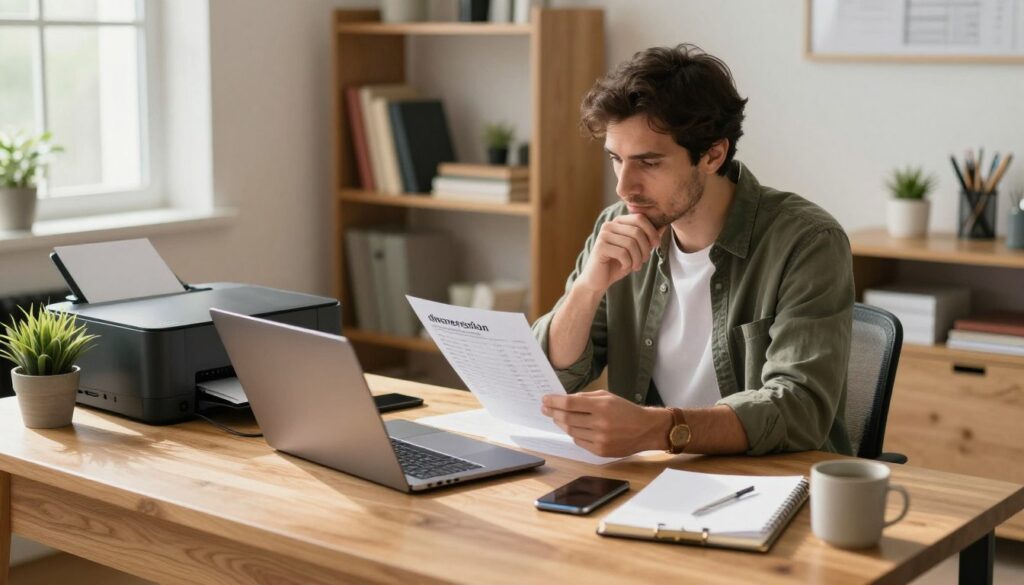 A professional home office scene showcasing the concept of depreciation for personal employee equipment. In the foreground, a well-organized wooden desk with a laptop, a printer, and personal accessories like a smartphone, plant, and notepad. In the middle, a thoughtful employee in smart casual attire calculates costs on a piece of paper while examining equipment. The background reveals a well-lit room with shelves filled with books and office supplies, creating a sense of professionalism. Natural light from a window casts warm tones across the scene, enhancing the atmosphere of a productive workspace. The overall mood should convey focus and responsibility towards managing work-related expenses. A professional home office scene showcasing the concept of depreciation for personal employee equipment. In the foreground, a well-organized wooden desk with a laptop, a printer, and personal accessories like a smartphone, plant, and notepad. In the middle, a thoughtful employee in smart casual attire calculates costs on a piece of paper while examining equipment. The background reveals a well-lit room with shelves filled with books and office supplies, creating a sense of professionalism. Natural light from a window casts warm tones across the scene, enhancing the atmosphere of a productive workspace. The overall mood should convey focus and responsibility towards managing work-related expenses.
