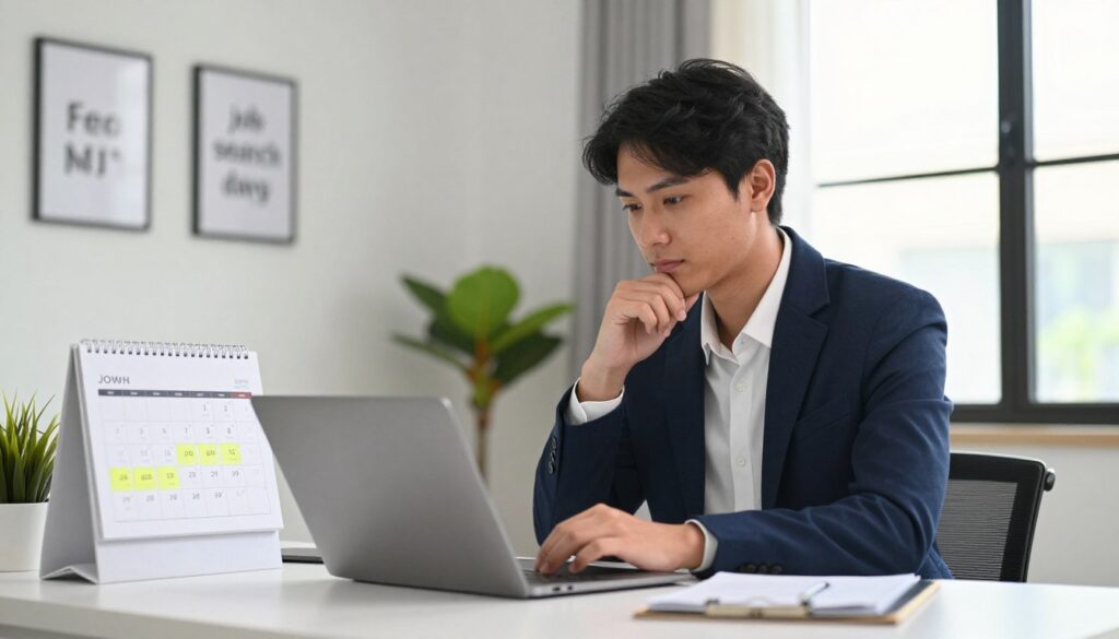 A professional individual in business attire, sitting at a modern desk, thoughtfully reviewing job listings on a laptop. In the foreground, a calendar shows highlighted "job search days" as a visual emphasis. The middle of the scene features decorative elements like motivational quotes framed on the wall and a plant adding a touch of warmth. In the background, a large window allows natural light to stream in, creating an inviting atmosphere. Soft, diffused lighting enhances the focus on the person and their workspace, capturing a sense of determination and hopefulness in their job search. The image conveys a mood of professionalism and optimism.
