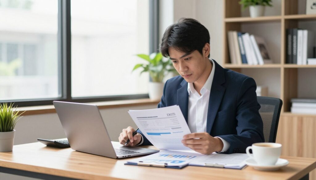 A professional-looking office setting where a businessperson wearing smart attire is intently reviewing financial documents on their laptop. The foreground features a well-organized desk scattered with open files, a calculator, and a cup of coffee, suggesting a busy work environment. The middle ground includes a large window allowing natural light to flood the space, highlighting the concentration on the person's face. In the background, bookshelves filled with business books and a potted plant add a touch of warmth and vibrancy to the scene. The atmosphere is serious yet focused, evoking the diligence involved in checking a company's debt status through free resources. The lighting is bright and clean, creating an inviting and professional ambiance.