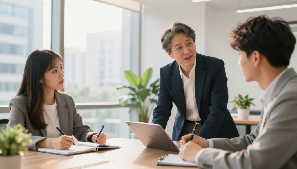 A professional mentor guiding a group of university interns in a bright, modern office environment. In the foreground, the mentor, a middle-aged individual with short hair wearing smart business attire, is actively engaging with two young interns. One intern, a young woman in professional casual wear, takes notes on a tablet, while the other, a young man in a blazer, listens intently. In the middle ground, a large window reveals a cityscape, letting in warm, natural light that creates a welcoming atmosphere. Subtle greenery from potted plants adds vitality. The overall mood is collaborative and encouraging, emphasizing mentorship and guidance in the educational process. The angle captures the interaction naturally, enhancing the sense of connection and professionalism in the learning environment.