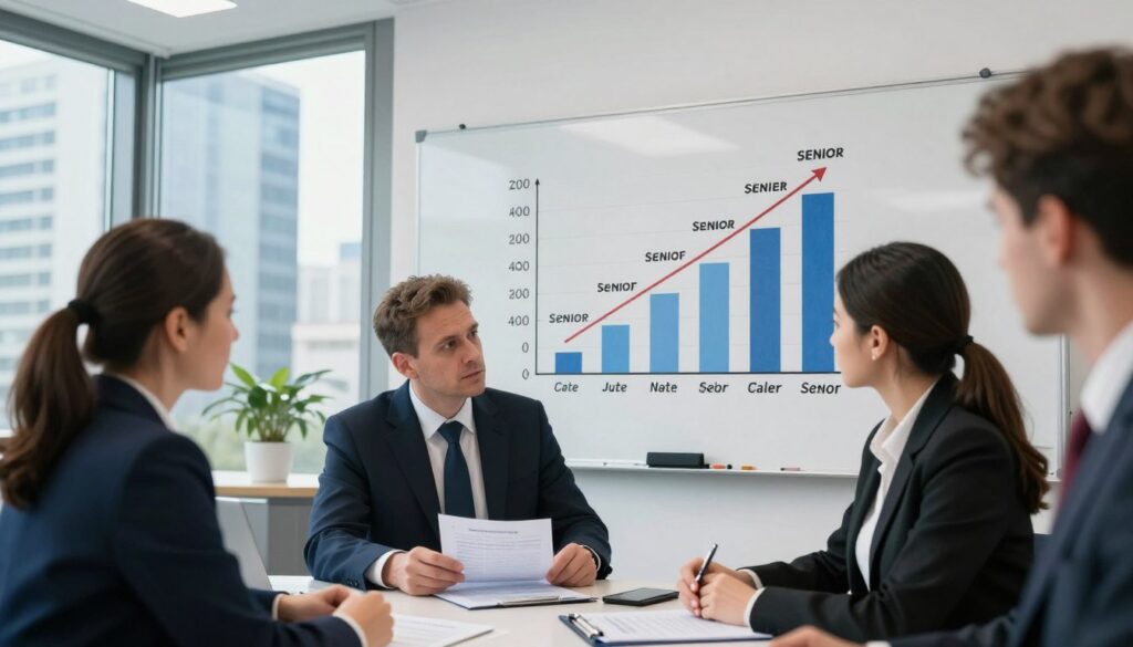 A professional office environment depicting the career progression of prosecutors in Poland, showcasing various ranks and their associated earnings. In the foreground, a group of three diverse prosecutors, a male and female in formal business attire, discuss a financial chart. The middle layer features a whiteboard with an ascending graph representing salary increases by career level, with markings for entry-level, mid-level, and senior prosecutors. In the background, tall glass windows reveal a cityscape, allowing natural light to illuminate the scene, emphasizing a sense of ambition and professionalism. Capture the atmosphere of determination and success, with a focus on collaboration and achievement in the legal field. Use a slightly angled perspective to enhance depth and engagement. A professional office environment depicting the career progression of prosecutors in Poland, showcasing various ranks and their associated earnings. In the foreground, a group of three diverse prosecutors, a male and female in formal business attire, discuss a financial chart. The middle layer features a whiteboard with an ascending graph representing salary increases by career level, with markings for entry-level, mid-level, and senior prosecutors. In the background, tall glass windows reveal a cityscape, allowing natural light to illuminate the scene, emphasizing a sense of ambition and professionalism. Capture the atmosphere of determination and success, with a focus on collaboration and achievement in the legal field. Use a slightly angled perspective to enhance depth and engagement.