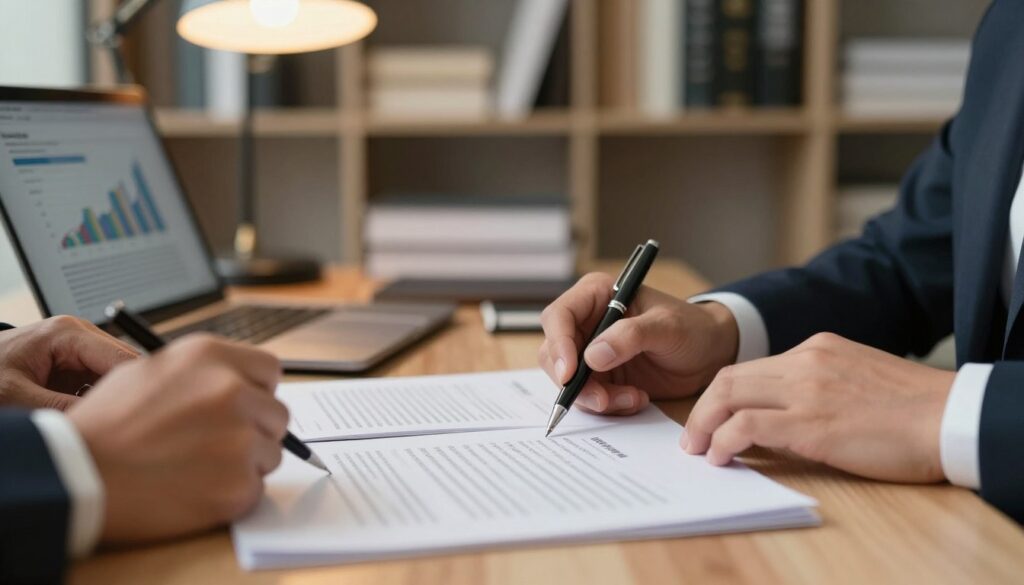 A professional office environment, featuring a close-up of a desk with legal documents, specifically contracts, prominently displayed. In the foreground, a pair of hands are reviewing the contracts, neatly organized with a pen poised above them. The middle ground showcases a laptop open with a graph visible on the screen, symbolizing analytics related to contract terms. The background is softly blurred, revealing shelves filled with books on law and finance, enhancing the scholarly atmosphere. The lighting is soft and warm, emanating from a desk lamp, creating a focused yet inviting mood. The scene conveys professionalism and clarity, highlighting the importance of understanding civil law contracts. The image should depict individuals in business attire, maintaining a respectful and professional aesthetic.
