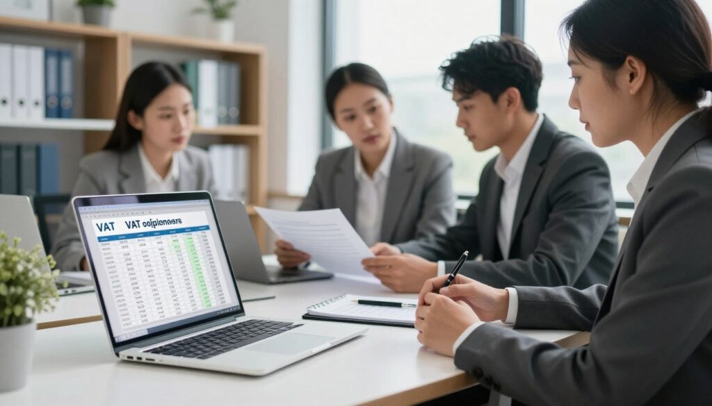 A professional office environment showcasing a modern workspace focused on VAT obligations for entrepreneurs. In the foreground, an organized desk features a laptop open to a spreadsheet displaying VAT calculations, with a notepad and a pen beside it. In the middle ground, a diverse group of three professionals in business attire—a woman and two men—engaged in discussion, examining documents related to VAT compliance. The background includes bookshelves with financial literature and a large window letting in natural light, creating a bright yet serious atmosphere. Use soft lighting to enhance clarity and focus, with a slight depth of field to emphasize the foreground elements while maintaining a professional tone throughout the scene.