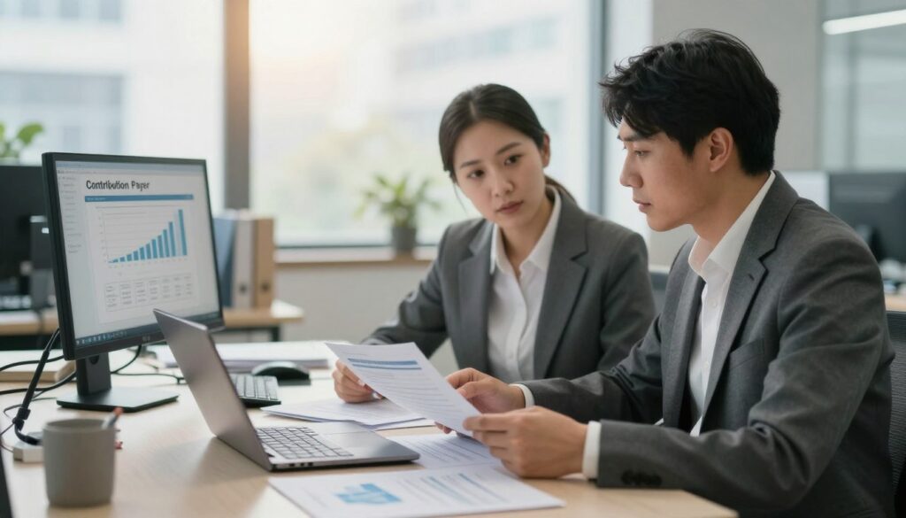 A professional office environment showcasing the role of a contribution payer in verifying employment periods. In the foreground, a focused male and female professional, dressed in business attire, are engaged in a discussion over paperwork and a laptop, symbolizing collaboration and diligence. The middle ground features a large desk cluttered with files, reports, and a computer monitor displaying graphs related to employment verification. The background boasts a modern office with soft, natural light filtering in through large windows, casting a warm glow. The mood is serious yet cooperative, with an emphasis on efficiency and professionalism. The image should have a slight depth of field effect to highlight the subjects and documents while softly blurring the background, creating an inviting atmosphere conducive to work.