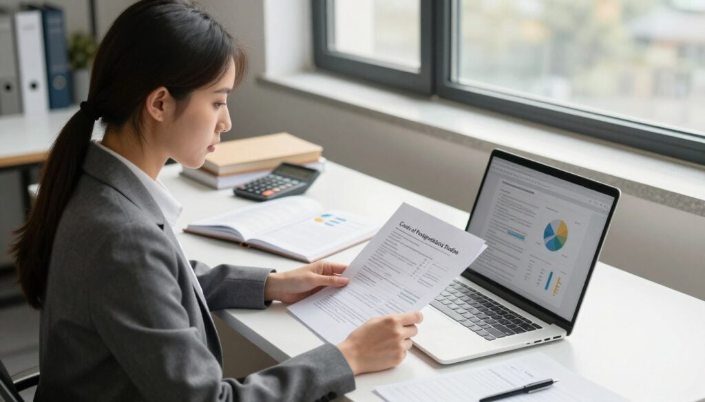 A professional office environment with a well-dressed individual analyzing financial documents related to postgraduate studies. In the foreground, a focused young woman in business attire, seated at a desk, examining spreadsheets and charts on a modern laptop, her expression thoughtful. The middle layer features a desktop filled with educational materials, including a notebook titled "Costs of Postgraduate Studies" and a calculator. In the background, a large window lets in natural light, casting soft shadows and creating a warm, inviting atmosphere that signifies diligence and professionalism. The overall mood is one of serious contemplation and diligent analysis. The perspective is slightly tilted, emphasizing the workspace's depth.