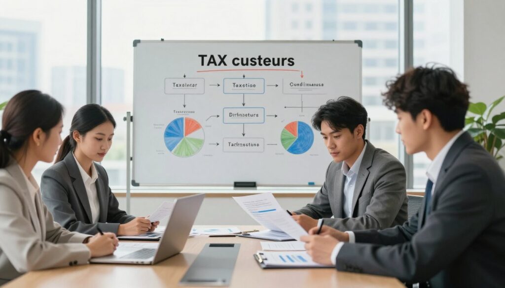 A professional office setting depicting a business meeting focused on tax options for a construction company. In the foreground, a diverse group of professionals in business attire—two men and two women—are seated around a modern conference table, reviewing documents and charts on a laptop. The middle ground features a large whiteboard with various tax structures illustrated, including pie charts and flow diagrams. The background showcases a large window allowing natural light to flood the room, with a cityscape view, creating a bright and optimistic atmosphere. Warm lighting enhances a collaborative and focused mood, with a shallow depth of field to emphasize the meeting while softly blurring the background. This image should reflect the importance of choosing the right tax form for a new business. A professional office setting depicting a business meeting focused on tax options for a construction company. In the foreground, a diverse group of professionals in business attire—two men and two women—are seated around a modern conference table, reviewing documents and charts on a laptop. The middle ground features a large whiteboard with various tax structures illustrated, including pie charts and flow diagrams. The background showcases a large window allowing natural light to flood the room, with a cityscape view, creating a bright and optimistic atmosphere. Warm lighting enhances a collaborative and focused mood, with a shallow depth of field to emphasize the meeting while softly blurring the background. This image should reflect the importance of choosing the right tax form for a new business.