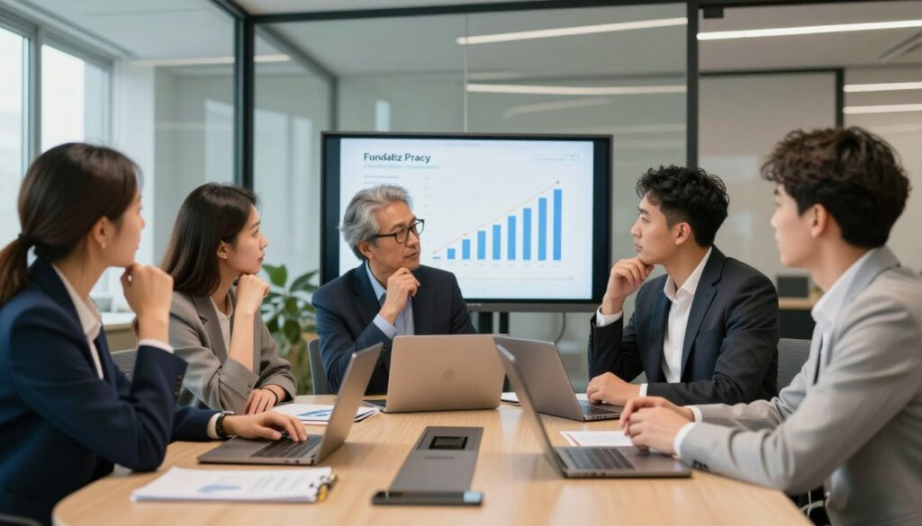 A professional office setting depicting a diverse group of four business people, two men and two women, in discussion about workplace contributions and financial obligations. The foreground features a round conference table with laptops, documents, and notepads. In the middle, the group is engaged in a visual presentation of charts emphasizing "Fundusz Pracy" contributions, with thoughtful expressions. The background reveals glass walls and modern office decor, with soft natural light filtering in from large windows, creating a warm yet professional atmosphere. The scene captures the mood of collaboration and inquiry, showcasing individuals in smart business attire focused on the topic.
