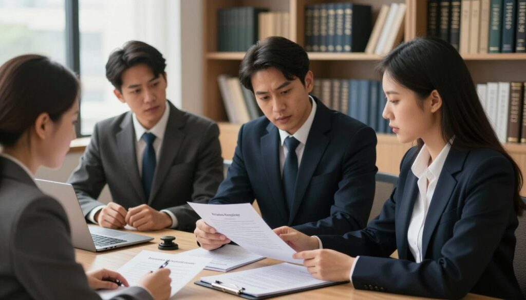 A professional office setting featuring a formal meeting between a diverse group of business individuals in smart business attire. In the foreground, a focused female lawyer is reviewing legal documents on her desk, which are neatly organized with official stamps and pens. In the middle, two business owners are discussing intently, pointing at a document that outlines the transfer of ownership, with expressions reflecting determination and engagement. In the background, shelves filled with books on corporate law and business practices create an authoritative ambiance. The scene is well-lit with natural light coming from large windows, creating a confident and serious mood. The angle captures an inviting yet professional atmosphere, emphasizing the importance of bureaucratic processes in business transitions.