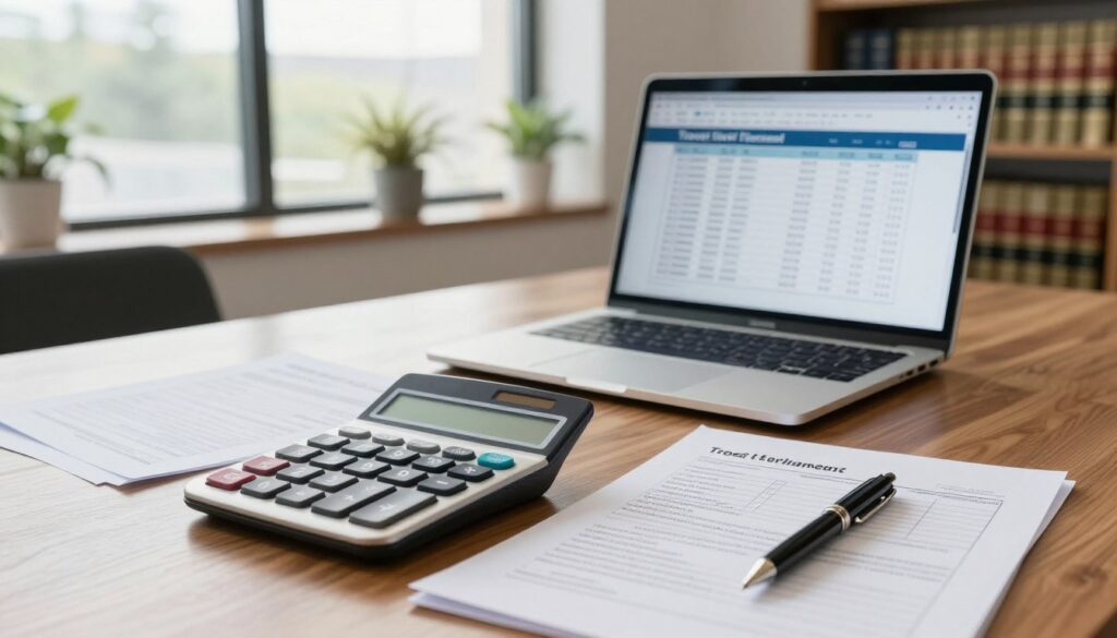 A professional office setting, featuring a neatly organized workspace with documents scattered elegantly on a polished wooden desk. In the foreground, a detailed close-up of a calculator and a pen rests beside an expense report, symbolizing cost reimbursement. In the middle, an open laptop displays a spreadsheet with an itemized list of travel expenses. The background reveals large windows letting in soft, natural light, casting gentle shadows that create a calm atmosphere. The room is decorated with potted plants and shelves filled with law books, enhancing the professional tone. The overall mood is focused and industrious, reflecting diligence in financial matters related to legal responsibilities, suitable for an article section about travel cost reimbursement and allowances.