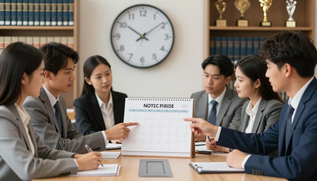 A professional office setting highlighting the concept of notice periods in employment contracts. In the foreground, a diverse group of individuals in smart business attire gather around a large conference table, discussing and pointing at a calendar and documents that outline notice periods based on years of service. In the middle ground, a large wall clock shows the time, symbolizing the passage of time associated with employment. In the background, shelves filled with legal books and awards create a scholarly atmosphere. Soft, warm lighting illuminates the scene, giving it an inviting and productive feel. The focus is on collaboration, growth, and understanding employee rights in a professional context.