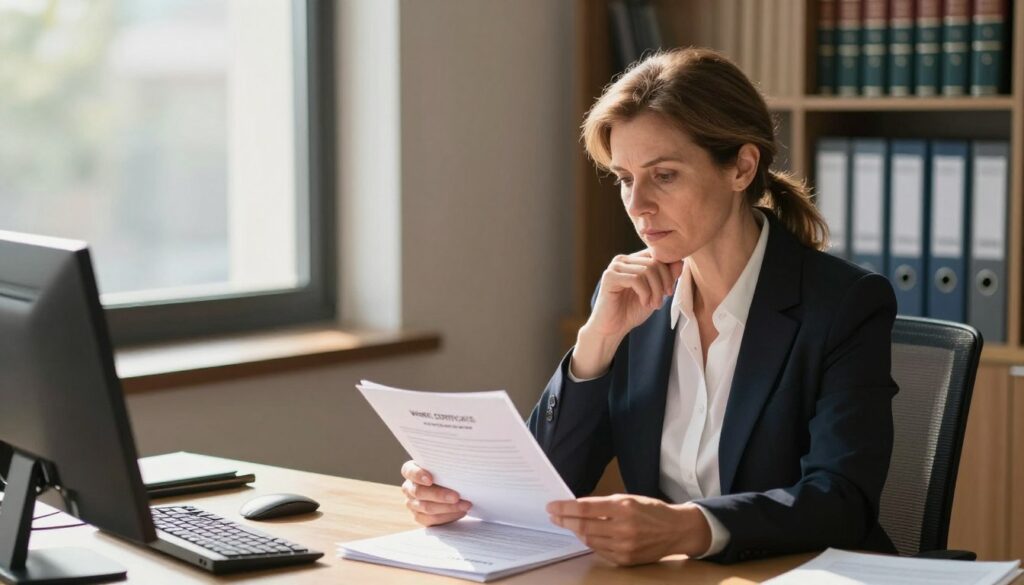 A professional office setting highlighting the legal and financial consequences of issuing a work certificate. In the foreground, a well-dressed HR manager, a middle-aged Caucasian woman, is seated at a desk, looking thoughtfully at a stack of paperwork while reviewing a document in her hands. In the middle, a large window features natural light pouring in, illuminating the room and casting soft shadows. The background includes a bookshelf filled with legal books and files. The mood is serious and contemplative, reflecting the significance of accurate work certificates. The lighting is warm and inviting, enhancing the professional atmosphere of the office, captured from a slightly elevated angle to add depth to the scene.
