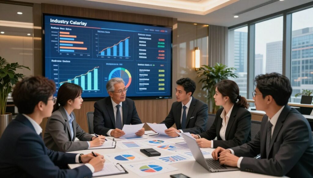A professional office setting illustrates the key factors influencing salaries. In the foreground, a diverse group of business professionals in business attire is engaged in a discussion around a large table, analyzing charts and graphs. The middle ground features a large digital screen displaying various economic indicators, such as industry trends, qualifications, and region-specific salaries. In the background, luxurious office decor and large windows showcase a city skyline, hinting at corporate success and competitiveness. Soft, ambient lighting creates a warm atmosphere, suggesting collaboration and insight-seeking. The angle should be slightly elevated, capturing both the professionals and the screens in detail, evoking a sense of focus and determination. A professional office setting illustrates the key factors influencing salaries. In the foreground, a diverse group of business professionals in business attire is engaged in a discussion around a large table, analyzing charts and graphs. The middle ground features a large digital screen displaying various economic indicators, such as industry trends, qualifications, and region-specific salaries. In the background, luxurious office decor and large windows showcase a city skyline, hinting at corporate success and competitiveness. Soft, ambient lighting creates a warm atmosphere, suggesting collaboration and insight-seeking. The angle should be slightly elevated, capturing both the professionals and the screens in detail, evoking a sense of focus and determination.