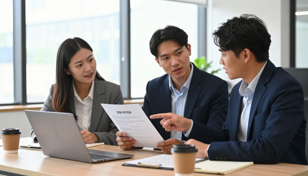 A professional office setting showcasing key elements of an effective job offer. In the foreground, a neatly arranged desk with a laptop, a notebook, and a coffee cup symbolizes productivity. In the middle, a diverse group of three business professionals – a man and two women – engaged in a discussion, all dressed in smart business attire. One holds a printed job offer, while the other points at a document on the table. The background features a modern office environment with large windows letting in natural light, creating a bright and inviting atmosphere. The overall mood is collaborative and inspiring, reflecting an optimistic approach to attracting qualified candidates. Use soft lighting to highlight the subjects and capture a warm, professional ambiance.