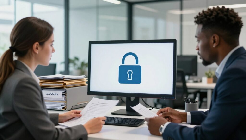 A professional office setting with a focus on data protection, featuring a centrally placed sleek computer monitor displaying a padlock symbol, symbolizing privacy and security. In the foreground, a diverse group of two professionals, one Caucasian woman and one African American man, are engaged in discussion while reviewing documents. Both wear smart business attire, embodying professionalism. The middle ground shows stacks of files and privacy folders labeled 'Confidential', emphasizing information protection. The background consists of a modern office space with glass walls and soft natural lighting filtering through large windows, creating a bright yet serious atmosphere. The overall scene conveys trust and diligence in protecting personal data.