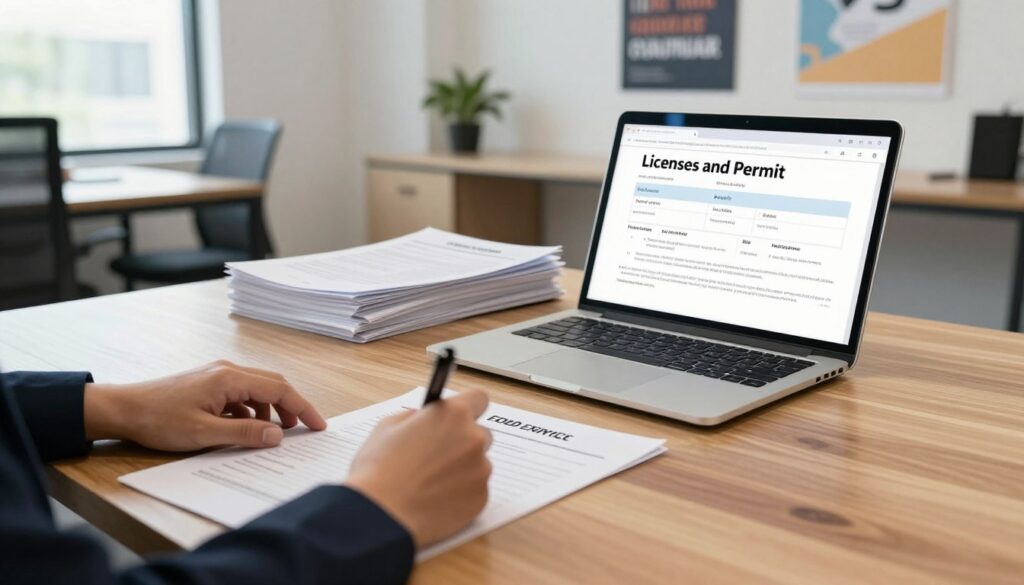 A professional office space featuring a sleek wooden desk with a laptop open to an application form for licenses and permits. In the foreground, a pair of hands, dressed in smart business attire, diligently fills out paperwork with a pen. The middle ground includes stacks of documents labeled with different industry sectors such as food service, retail, and technology, highlighting their required licenses. The background shows a modern office with soft, natural light filtering through a large window, illuminating motivational posters about entrepreneurship. The atmosphere is focused and encouraging, ideal for conveying the essence of starting a sole proprietorship and understanding necessary regulations. The image should evoke a sense of professionalism and preparation. A professional office space featuring a sleek wooden desk with a laptop open to an application form for licenses and permits. In the foreground, a pair of hands, dressed in smart business attire, diligently fills out paperwork with a pen. The middle ground includes stacks of documents labeled with different industry sectors such as food service, retail, and technology, highlighting their required licenses. The background shows a modern office with soft, natural light filtering through a large window, illuminating motivational posters about entrepreneurship. The atmosphere is focused and encouraging, ideal for conveying the essence of starting a sole proprietorship and understanding necessary regulations. The image should evoke a sense of professionalism and preparation.