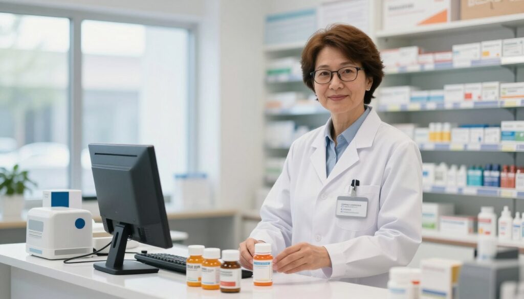 A professional pharmacist in a clean, bright pharmacy setting, standing confidently behind the counter. The pharmacist, a middle-aged individual with short brown hair and glasses, is dressed in a crisp white lab coat and name badge, expertly organizing medication. On the counter, there are colorful prescription bottles and medical equipment, highlighting the pharmacist's role. Soft, natural light streams in through large windows in the background, showcasing a well-stocked pharmacy with shelves filled with health products and a welcoming atmosphere. The overall mood is one of professionalism and competence, conveying the significance of pharmacists in healthcare and their valuable contributions to society.