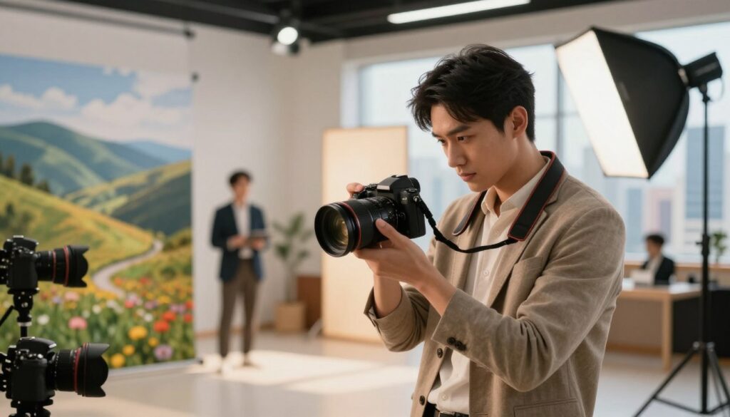 A professional photographer engaged in various specialties is the focus of the scene. In the foreground, a well-dressed photographer examines a camera, showcasing specialized equipment for portrait, landscape, and commercial photography. The middle ground features distinct areas representing different photography styles: a vibrant outdoor landscape for nature photography, a well-lit studio for portraits, and a dynamic commercial shoot setup. In the background, a cityscape is visible, symbolizing urban photography opportunities. Soft natural lighting pours in from the side, creating a warm and professional atmosphere. The photograph has a shallow depth of field, blurring the background slightly to focus on the photographer. The overall mood is inspiring and innovative, reflecting the diverse income potential that specialization brings to a photographer’s career. A professional photographer engaged in various specialties is the focus of the scene. In the foreground, a well-dressed photographer examines a camera, showcasing specialized equipment for portrait, landscape, and commercial photography. The middle ground features distinct areas representing different photography styles: a vibrant outdoor landscape for nature photography, a well-lit studio for portraits, and a dynamic commercial shoot setup. In the background, a cityscape is visible, symbolizing urban photography opportunities. Soft natural lighting pours in from the side, creating a warm and professional atmosphere. The photograph has a shallow depth of field, blurring the background slightly to focus on the photographer. The overall mood is inspiring and innovative, reflecting the diverse income potential that specialization brings to a photographer’s career.