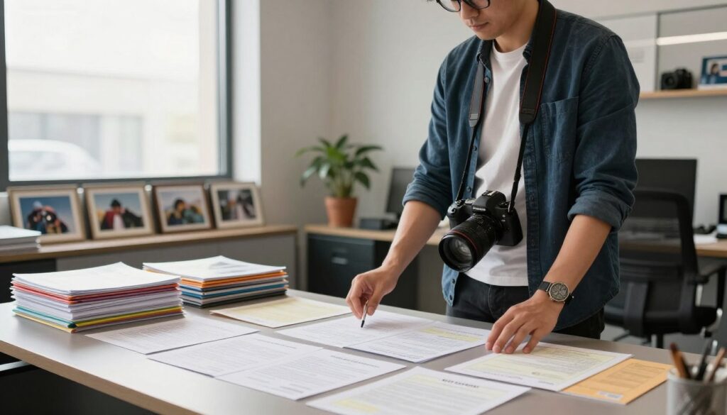 A professional photographer standing confidently in a well-lit modern office space, examining various licenses and copyright documents spread across a sleek desk. The foreground features a sharp focus on the photographer, dressed in smart casual attire with a camera slung over one shoulder, showcasing a sense of expertise. In the middle ground, stacks of colorful portfolios and framed photos highlight the artistic side of photography. The background reveals a large window with natural light filtering through, illuminating the paper documents with a warm glow. The atmosphere is one of professionalism and creativity, capturing the essence of licensing and copyright in the photography business. A professional photographer standing confidently in a well-lit modern office space, examining various licenses and copyright documents spread across a sleek desk. The foreground features a sharp focus on the photographer, dressed in smart casual attire with a camera slung over one shoulder, showcasing a sense of expertise. In the middle ground, stacks of colorful portfolios and framed photos highlight the artistic side of photography. The background reveals a large window with natural light filtering through, illuminating the paper documents with a warm glow. The atmosphere is one of professionalism and creativity, capturing the essence of licensing and copyright in the photography business.