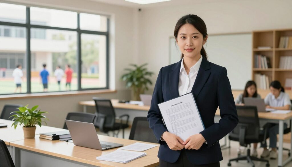 A professional school vice-director standing confidently in a modern school office environment. In the foreground, the vice-director is dressed in smart business attire, holding a folder filled with academic documents. The middle ground features a large desk with educational materials, a laptop, and a potted plant, creating an atmosphere of productivity and professionalism. In the background, a window lets in natural light, revealing a glimpse of a schoolyard with students engaged in various activities. Soft, warm lighting enhances the inviting atmosphere, while a slight depth of field blurs the background slightly to emphasize the vice-director. The overall mood is one of ambition, leadership, and the commitment to educational excellence.