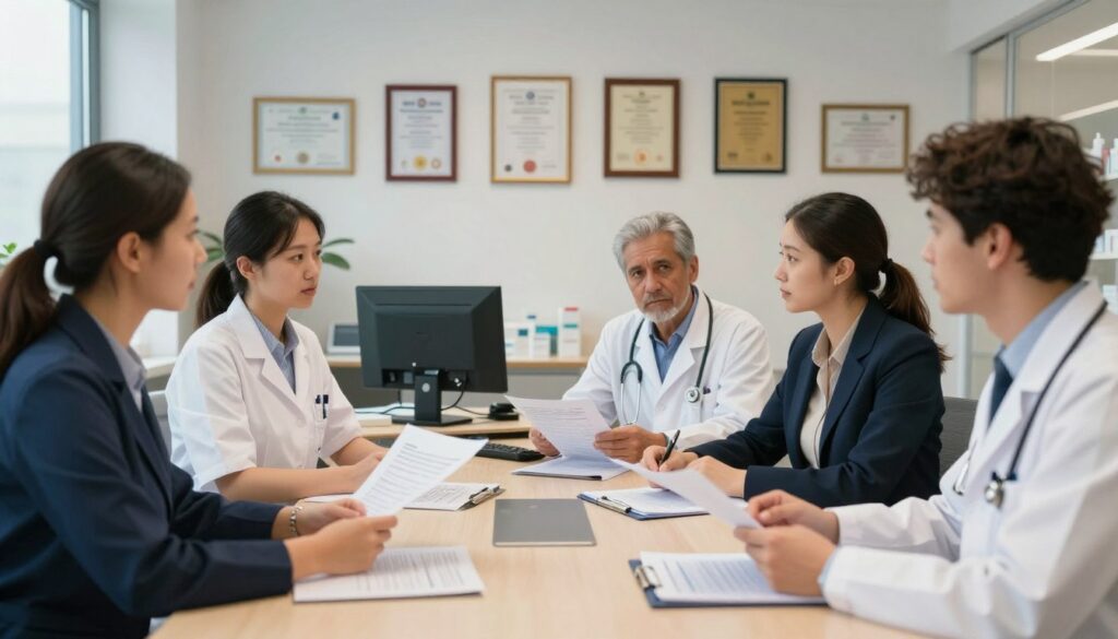 A professional setting showcasing the structure of pharmacy administration in Poland. In the foreground, a diverse group of pharmacists dressed in smart business attire, engaged in a discussion, with some holding documents and charts. The middle layer features a large meeting table filled with reports and digital devices, suggesting collaborative decision-making. The background reveals a modern office environment adorned with framed certificates and awards, radiating professionalism. Soft, natural lighting filters through large windows, creating a warm and inviting atmosphere. A low-angle perspective emphasizes the pharmacists’ engagement and determination. The overall mood is focused and industrious, reflecting the importance of salaries within the pharmacy governance system.