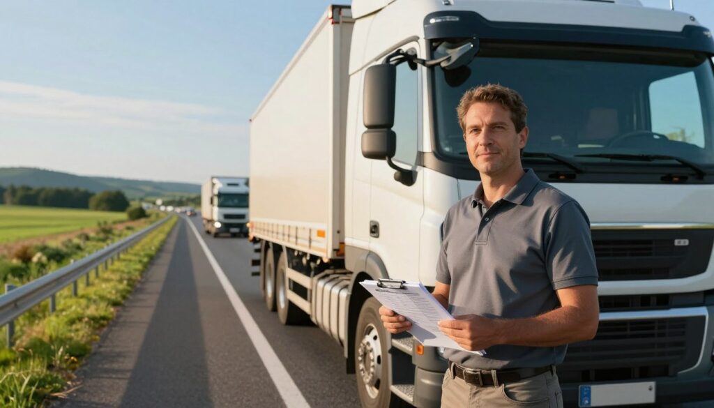 A professional truck driver in smart casual clothing, standing beside a modern TIR truck on a busy national highway. The scene captures the essence of domestic transport work, showcasing the truck loaded with goods ready for delivery. In the foreground, focus on the driver, confidently holding a clipboard with logistics details. The middle ground displays the vibrant highway, flanked by lush green fields and distant hills under a clear blue sky. The background features a few other trucks in motion, signifying a busy transport route. Soft sunlight casts gentle shadows, enhancing the atmosphere of a productive day on the road. Aim for a realistic style with a slightly warm color palette to evoke reliability and professionalism in the trucking industry.