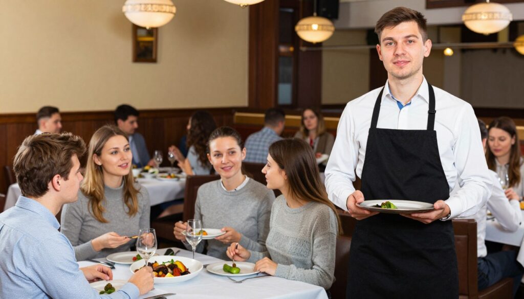 A professional waiter in a bustling Polish restaurant setting, showcasing varying levels of experience. In the foreground, the waiter, dressed in smart business attire with a polished apron, is taking orders from a group of customers at a table. The middle ground features diners engaged in lively conversation, highlighting the social aspect of dining out. The background captures a beautifully decorated restaurant interior, with warm lighting creating an inviting atmosphere. Soft ambient light spills from ornate fixtures, casting gentle highlights on the waiter's uniform and the diverse clientele. The overall mood conveys a sense of professionalism and dedication, reflecting the income and tips associated with the waiter's experience levels while focusing on the vibrant dining environment.