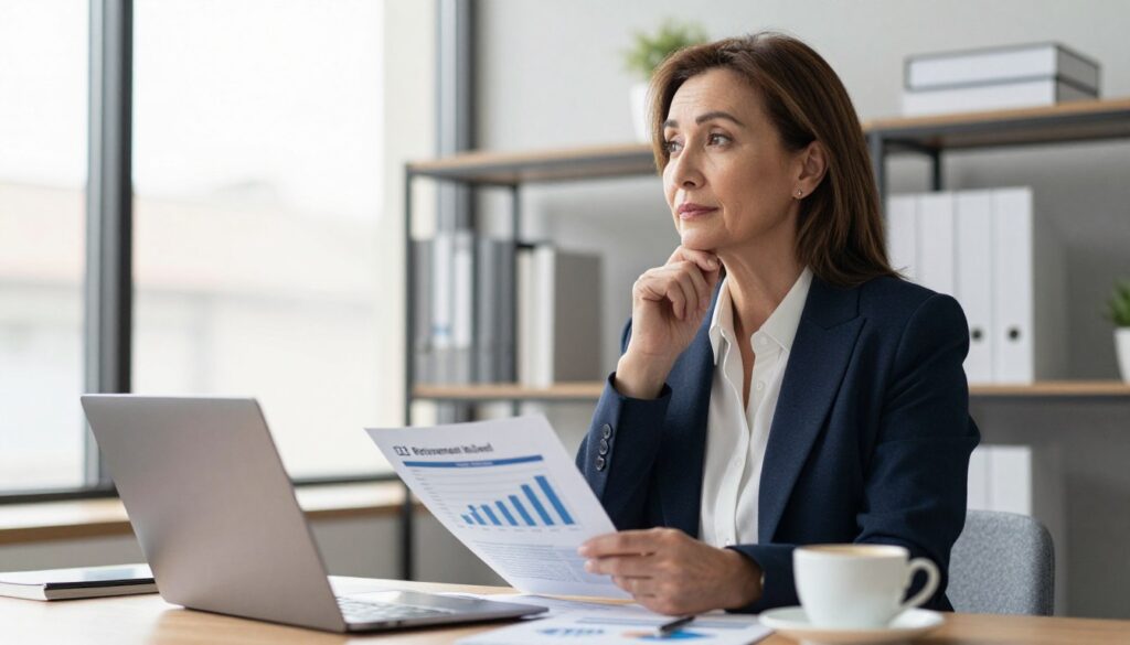 A professional woman in her 50s stands confidently in a modern office setting, dressed in smart business attire, conveying an air of accomplishment and wisdom. She is looking thoughtfully at a financial report on her desk, which includes graphs and figures representing retirement planning. In the foreground, a laptop and a cup of coffee are visible, symbolizing her dedication and focus. The middle ground features shelves filled with books about finance and retirement, reinforcing the professional atmosphere. The background showcases a large window with natural light streaming in, illuminating the scene and creating a warm, optimistic mood. The camera angle is slightly tilted, enhancing the sense of depth while capturing her expression of contemplation and empowerment.