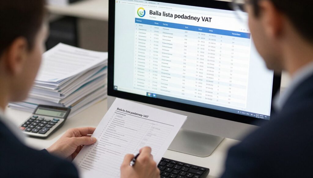A professional workspace featuring a computer screen displaying the "Biała lista podatników VAT" in a clear, orderly format. In the foreground, a person dressed in business attire is reviewing the list, showing focused engagement, with a pen in hand ready to make notes. The middle ground captures the detailed content of the VAT list, highlighting various taxpayer entries in a structured manner. In the background, there are stacks of paperwork and a calculator, adding to the business setting. Soft ambient lighting creates a serious yet productive atmosphere, emphasizing the importance of accurate information. The camera angle is slightly elevated to provide a comprehensive view of the scene while keeping the focus on the computer screen and the individual engaged in research.