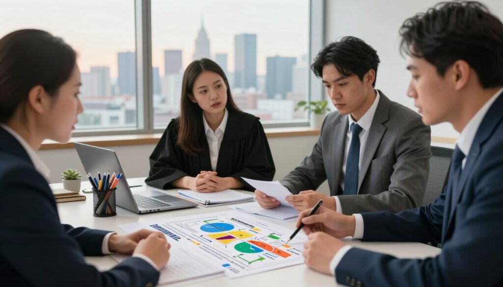 A professional workspace scene illustrating specific restrictions for different occupational groups. The foreground features a diverse group of professionals, including a lawyer, a freelancer, and an accountant, all dressed in business attire, engaged in discussion over a colorful, detailed chart displaying various regulations. In the middle ground, a well-organized desk is adorned with office supplies, a laptop, and legal documents. At the background, through a large window, a city skyline is visible, bathed in soft, natural lighting, suggesting a late afternoon. The mood is serious yet collaborative, emphasizing a sense of compliance and collaboration among professionals navigating regulatory landscapes. The image should feel modern and dynamic, encapsulating the essence of professional restrictions in an engaging manner.