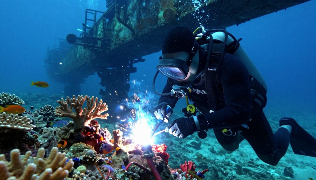 A scene depicting an underwater welder in action, focused on a complex welding task amid a vibrant marine environment. In the foreground, a professional diver, dressed in a full wetsuit, wearing a welding helmet with a clear visor, skillfully operates a cutting-edge underwater welding tool. The middle layer features colorful coral reefs and schools of fish, reflecting the rich biodiversity of the ocean. The background showcases a submerged metal structure, perhaps part of a shipwreck or an underwater pipeline, partially illuminated by soft beams of light filtering through the water. The atmosphere feels adventurous and technical, emphasizing the unique and demanding nature of underwater welding, with crystal-clear visibility and a dynamic interplay of light and color. A scene depicting an underwater welder in action, focused on a complex welding task amid a vibrant marine environment. In the foreground, a professional diver, dressed in a full wetsuit, wearing a welding helmet with a clear visor, skillfully operates a cutting-edge underwater welding tool. The middle layer features colorful coral reefs and schools of fish, reflecting the rich biodiversity of the ocean. The background showcases a submerged metal structure, perhaps part of a shipwreck or an underwater pipeline, partially illuminated by soft beams of light filtering through the water. The atmosphere feels adventurous and technical, emphasizing the unique and demanding nature of underwater welding, with crystal-clear visibility and a dynamic interplay of light and color.