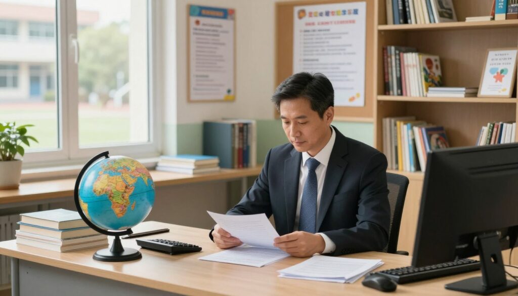 A school director's office, showcasing the role and responsibilities of a school principal. In the foreground, a middle-aged male director in professional attire sits at a well-organized desk, reviewing documents. He is surrounded by educational tools such as a globe, books, and a computer. In the middle ground, a bulletin board displays school announcements and student achievements. The background features shelves filled with educational resources and a window revealing a sunny schoolyard. Soft, natural lighting pours in from the window, creating a warm and inviting atmosphere. The scene conveys professionalism, leadership, and the dedication of a school director. The angle is slightly elevated, emphasizing the importance of the space and the director's role within it.