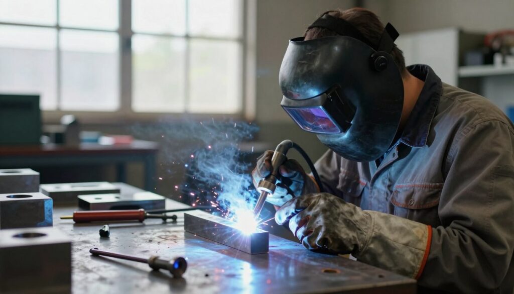 A skilled TIG welder working in a bright, industrial workshop, showcasing precision and focus as he welds metal components together. In the foreground, capture the welder in safety goggles and gloves, wearing a professional work shirt, concentrating on the arc of the TIG torch, emitting a bright bluish glow. The middle layer displays various metal pieces and welding tools scattered across a workbench, reflecting the craftsmanship involved in the job. In the background, large windows allow natural sunlight to filter in, illuminating the workspace and casting dynamic shadows, enhancing the industrious atmosphere. The scene conveys a sense of professionalism and dedication, highlighting the key factors influencing a welder's income. The image should have soft lighting, with a slightly blurred depth of field to emphasize the welder's intense focus on his work.