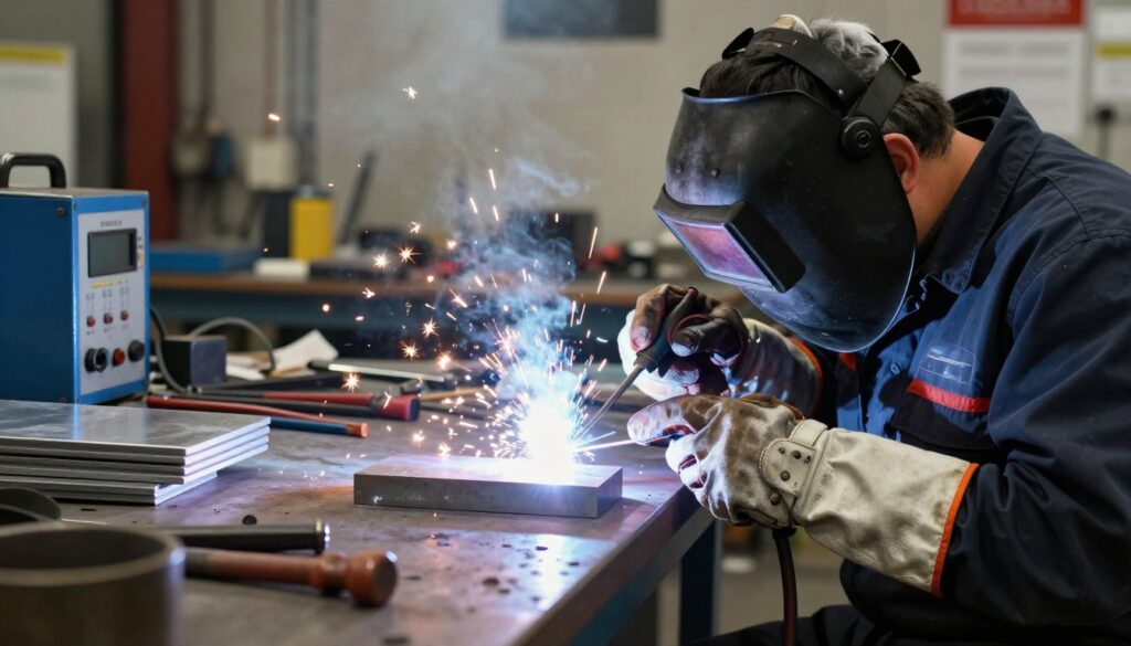 A skilled welder using the TIG welding method in an industrial workshop. In the foreground, focus on the welder, wearing a protective helmet and gloves, demonstrating precision while welding metal pieces. The middle ground features a workbench cluttered with tools, metal sheets, and welding equipment, capturing the essence of a busy workshop. In the background, sparkles and bright arcs of light illuminate the scene, showcasing the intensity of the welding process. The overall atmosphere is dynamic and industrious, emphasizing the craftsmanship and technical skill involved in TIG welding. Use bright, contrasting lighting to create a sense of depth, and shoot from a low angle to highlight the action and focus on the welder’s expertise. The image should be clean and professional, without any text or distractions.