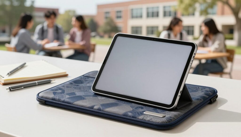 A sleek and modern tablet is prominently displayed in the foreground, resting on a stylish, textured laptop sleeve designed for protection during transport. The sleeve has a subtle pattern, showcasing a mix of dark blues and grays, conveying a professional yet contemporary appearance. In the middle, there are scattered school supplies—like a notebook and pens—creating a sense of an organized workspace. In the background, a blurred university campus scene captures an atmosphere of bustling students, engaged in discussions and moving between classes, under soft, natural daylight. The lighting is bright yet warm, emphasizing a sense of motivation and productivity. The angle is slightly elevated, offering a clear view of the tablet and its protective sleeve, inviting readers to consider the importance of safeguarding their devices while on the go.