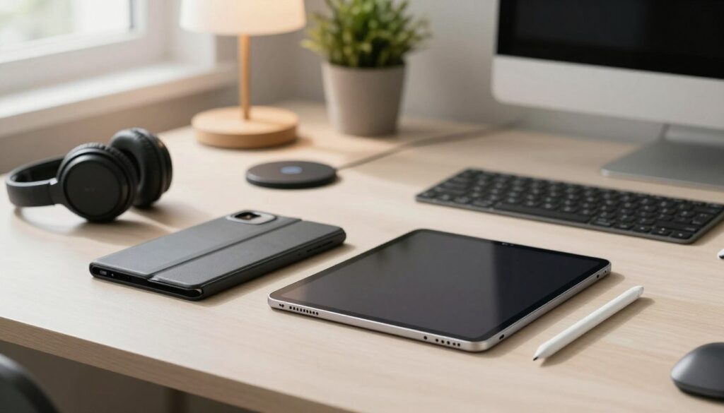 A sleek, modern workspace featuring a tablet and various accessories that enhance its functionality. In the foreground, showcase the tablet with a stylus, protective case, and a detachable keyboard, all arranged neatly. The middle ground includes a wireless charging pad and a set of noise-canceling headphones. In the background, a well-organized desk with a stylish lamp and potted plant creates a professional atmosphere. Soft, natural lighting illuminates the scene from a nearby window, casting gentle shadows that add depth. Use a shallow depth of field to highlight the tablet and accessories while softly blurring the background, evoking a calm and productive mood perfect for study and work environments.